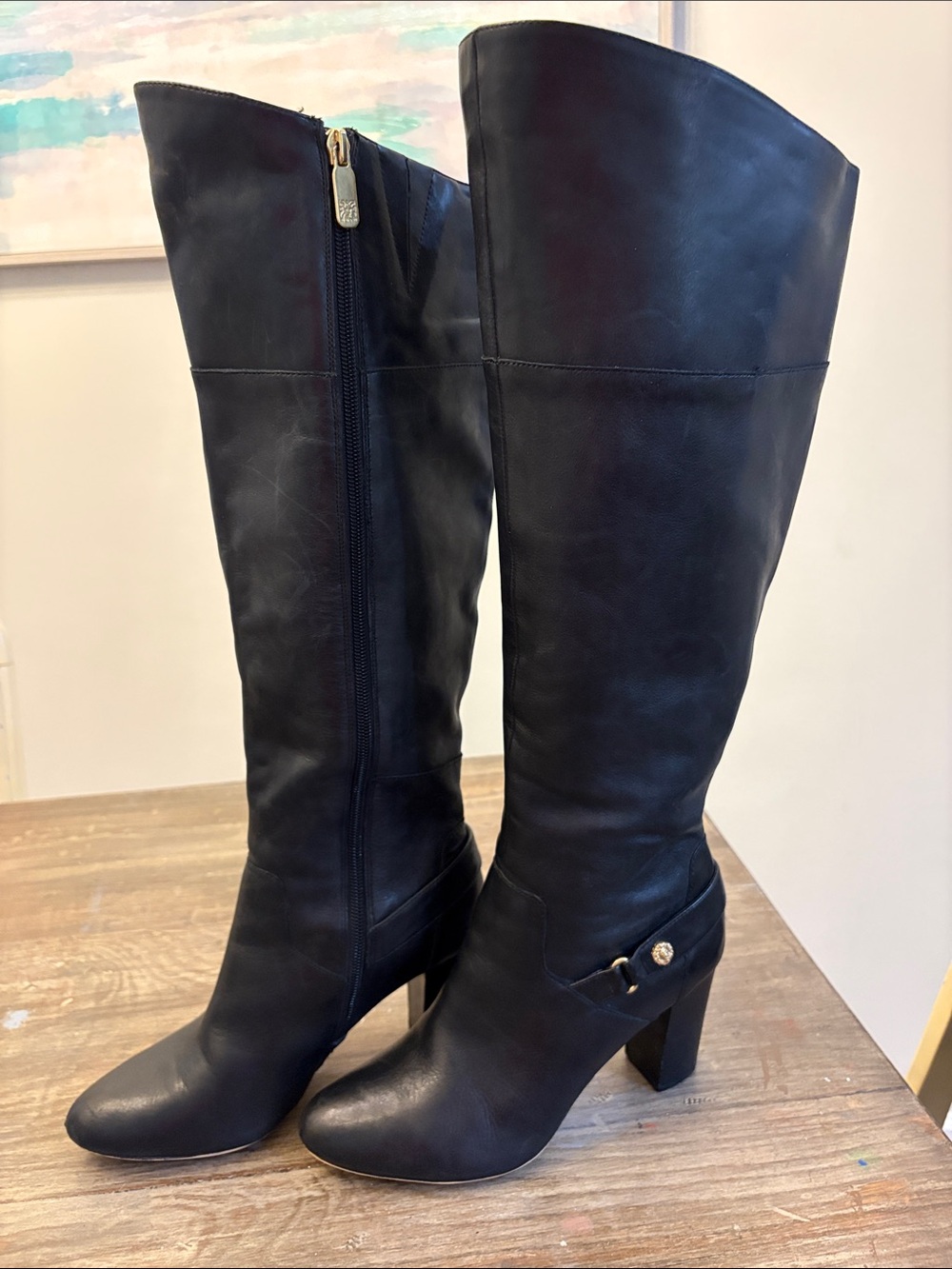 Anne Klein Black Tall Leather Heeled Boots